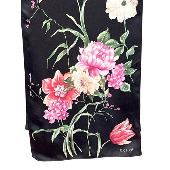 Vintage Echo Black Pink Romantic Floral Rectangular Scarf Spring Hand Rolled - Picture 2 of 6